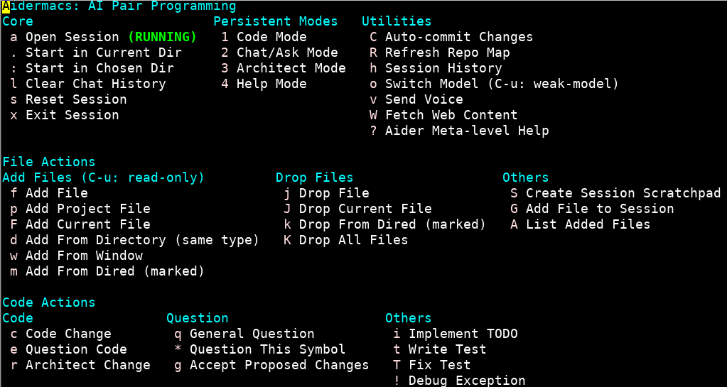 Figure 1: Aidermacs Transient Menu Alt text